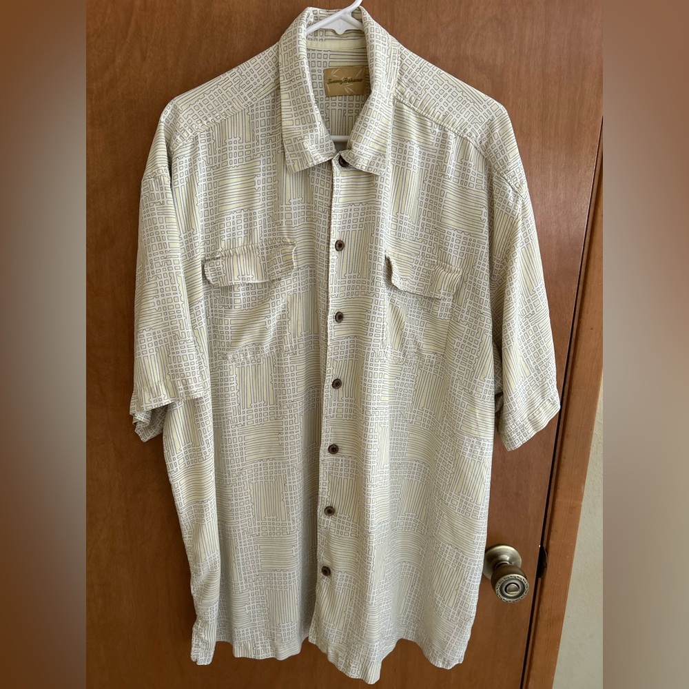 Tommy Bahama Shirt Men's 2XL Yellow Silk Abstract Geo Short Sleeve